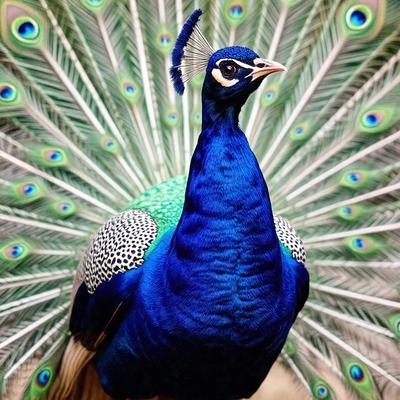 The primary subject of the image is a blue peacock with a green tail, standing in front of a blue and green background. The visual style of the image is a photo, capturing the vibrant colors and details of the peacock. The colors and mood of the image are predominantly blue and green, creating a serene and natural atmosphere.